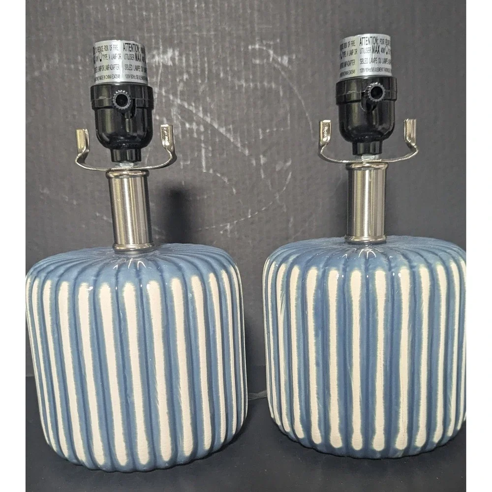 Blue and White Striped Glossy Ceramic Table Lamps Set of Two W/Linen Shades